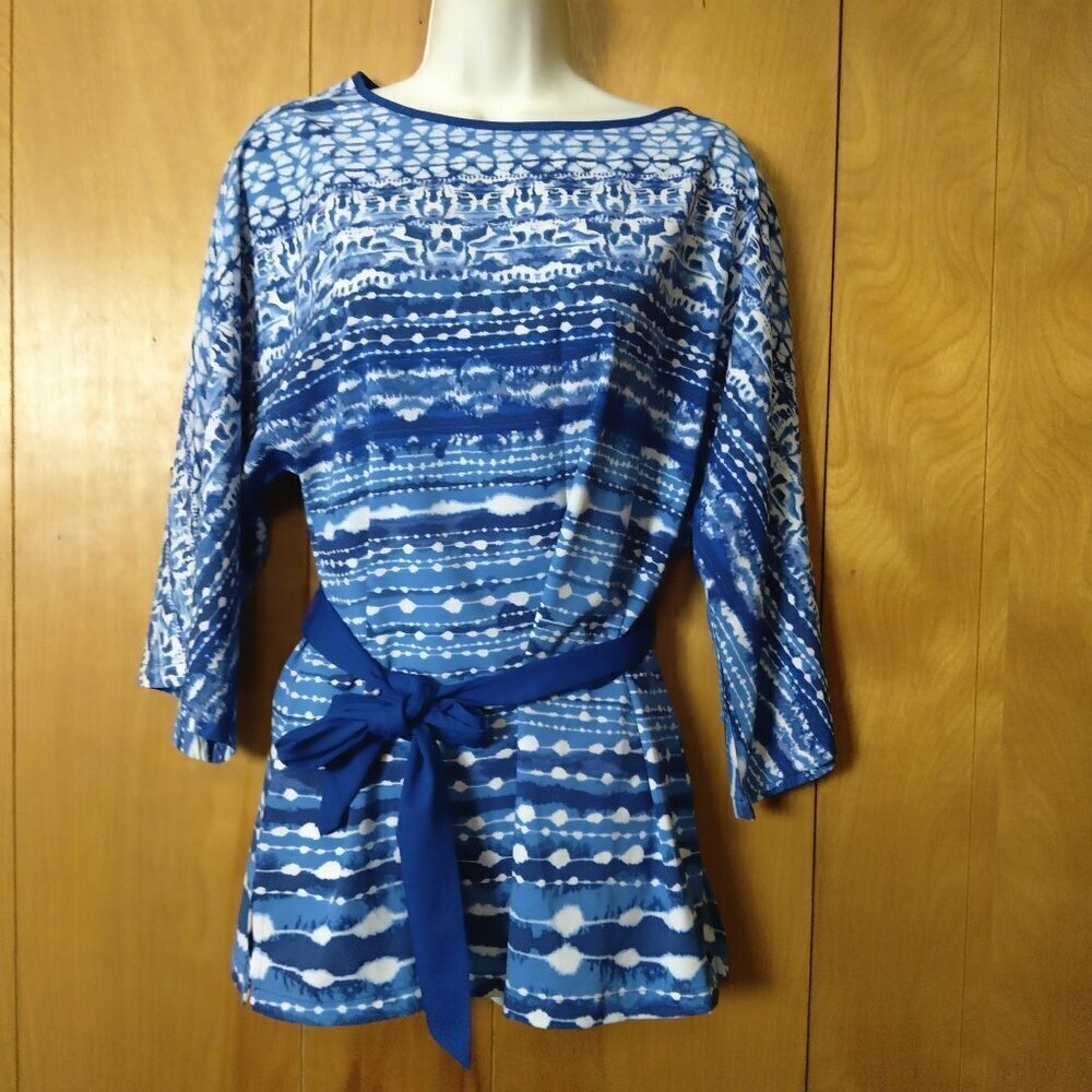 KIM GRAVEL Blue Geometric Pattern Belted 3/4 Sleeve Tunic Blouse Size XS
